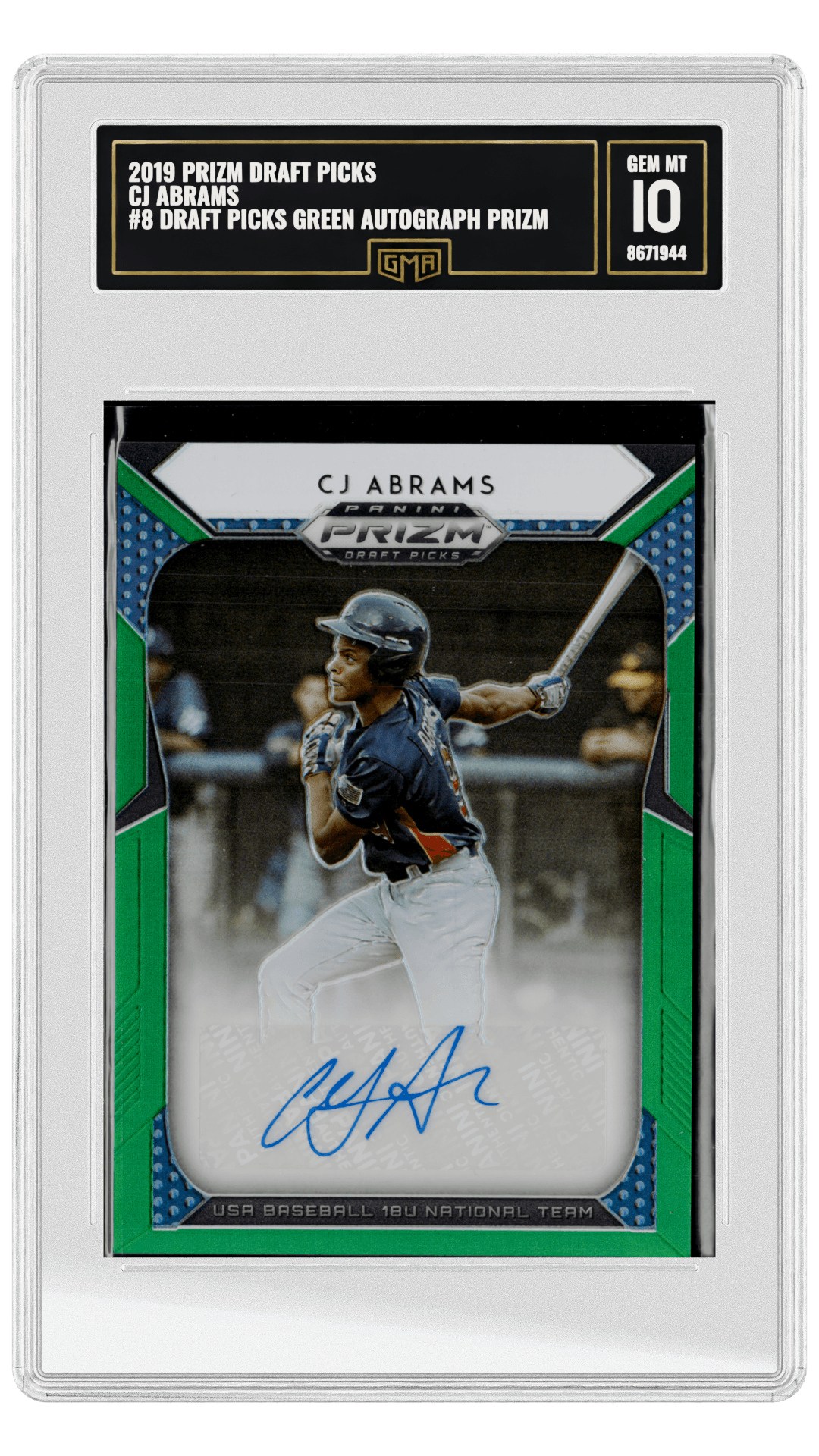 2019 PRIZM DRAFT PICKS CJ ABRAMS #8 DRAFT PICKS GREEN AUTOGRAPH PRIZM graded-card listing image