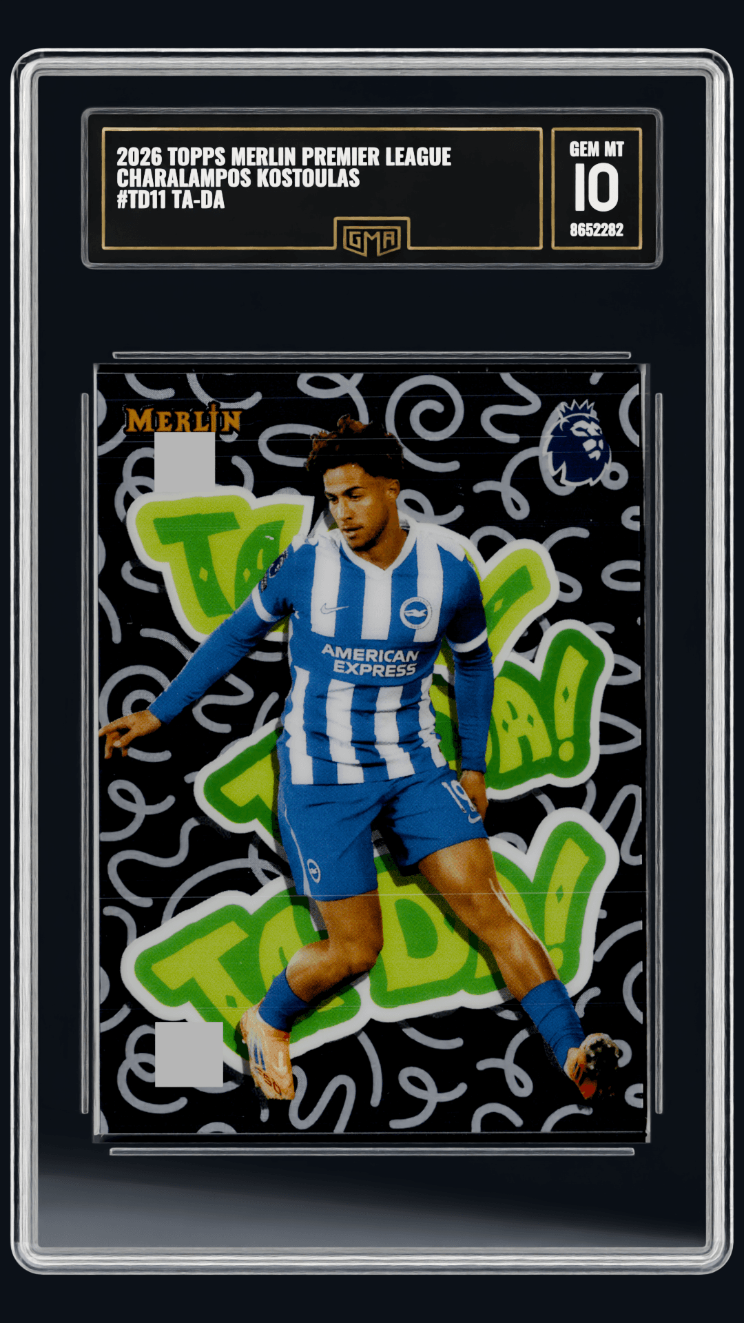 2026 TOPPS MERLIN PREMIER LEAGUE CHARALAMPOS KOSTOULAS #TD11 TA-DA front listing view