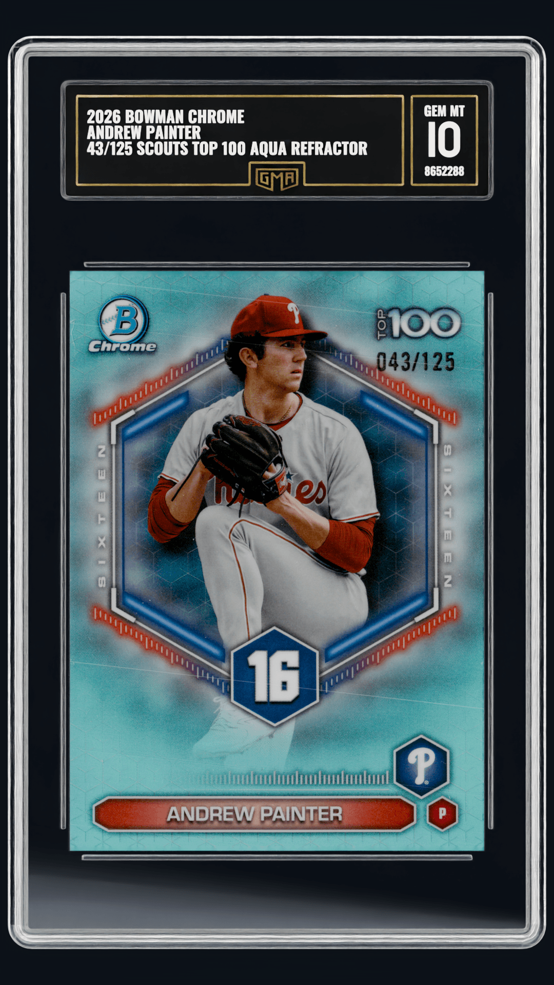 2026 BOWMAN CHROME ANDREW PAINTER 43/125 SCOUTS TOP 100 AQUA REFRACTOR front listing view