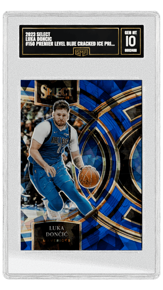 2023 SELECT LUKA DONCIC #150 PREMIER LEVEL BLUE CRACKED ICE PRIZM graded-card listing image