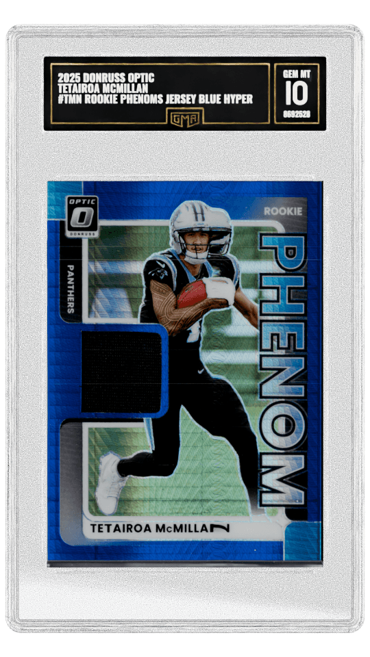 2025 DONRUSS OPTIC TETAIROA MCMILLAN #TMN ROOKIE PHENOMS JERSEY BLUE HYPER PRIZM graded-card listing image