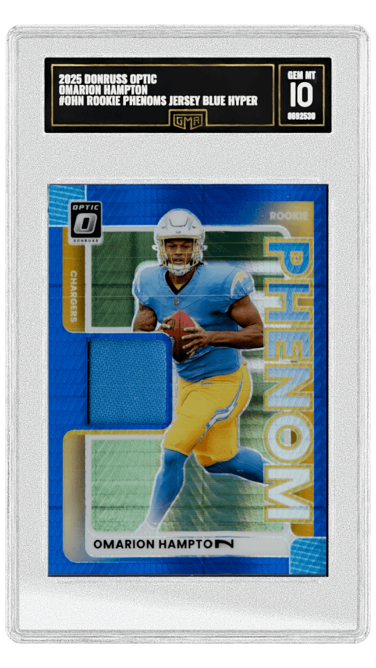 2025 DONRUSS OPTIC OMARION HAMPTON #OHN ROOKIE PHENOMS JERSEY BLUE HYPER PRIZM graded-card listing image