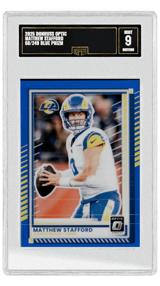2025 DONRUSS OPTIC MATTHEW STAFFORD 68/249 BLUE PRIZM graded-card listing image
