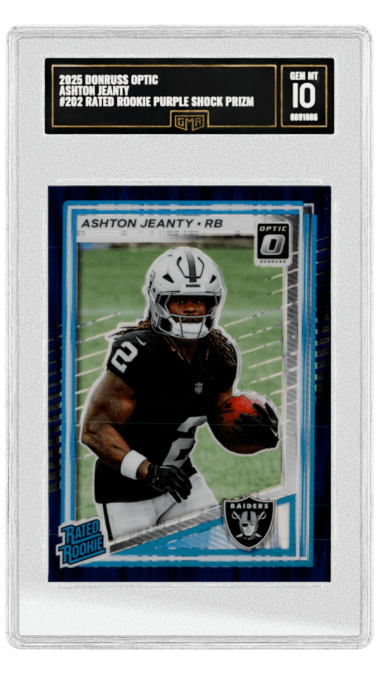 2025 DONRUSS OPTIC ASHTON JEANTY #202 RATED ROOKIE PURPLE SHOCK PRIZM graded-card listing image