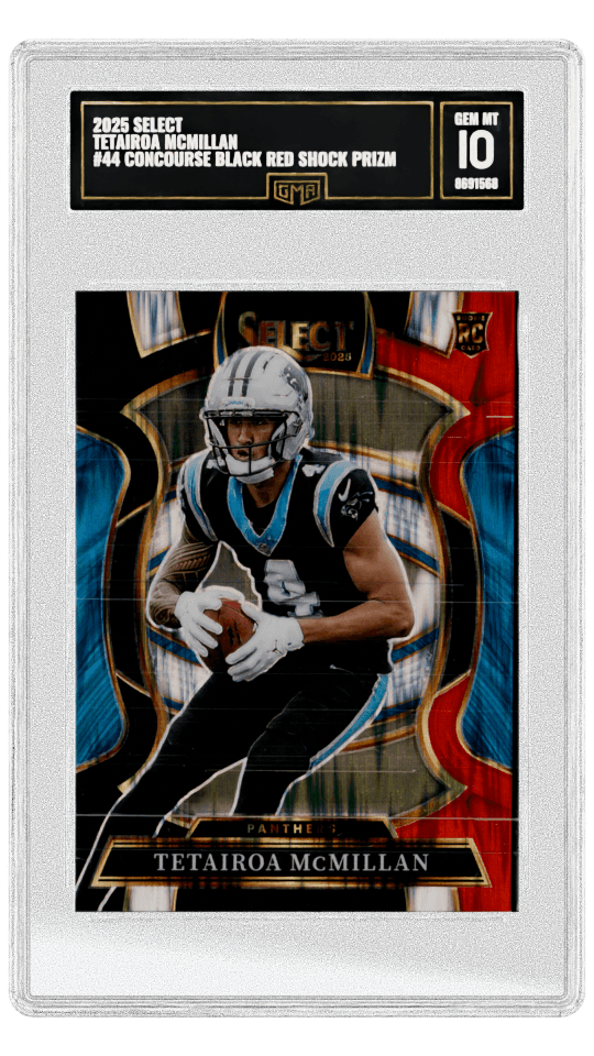 2025 SELECT TETAIROA MCMILLAN #44 CONCOURSE BLACK RED SHOCK PRIZM ROOKIE Concourse Black Red Shock Prism Rookie Card graded-card listing image