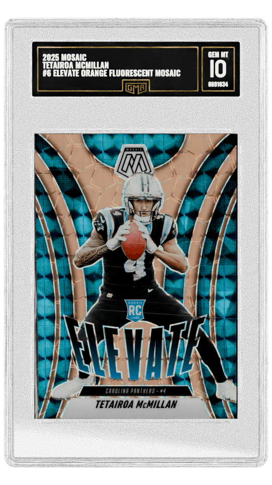 2025 MOSAIC TETAIROA MCMILLAN #6 ELEVATE ORANGE FLUORESCENT MOSAIC PRIZM ROOKIE graded-card listing image