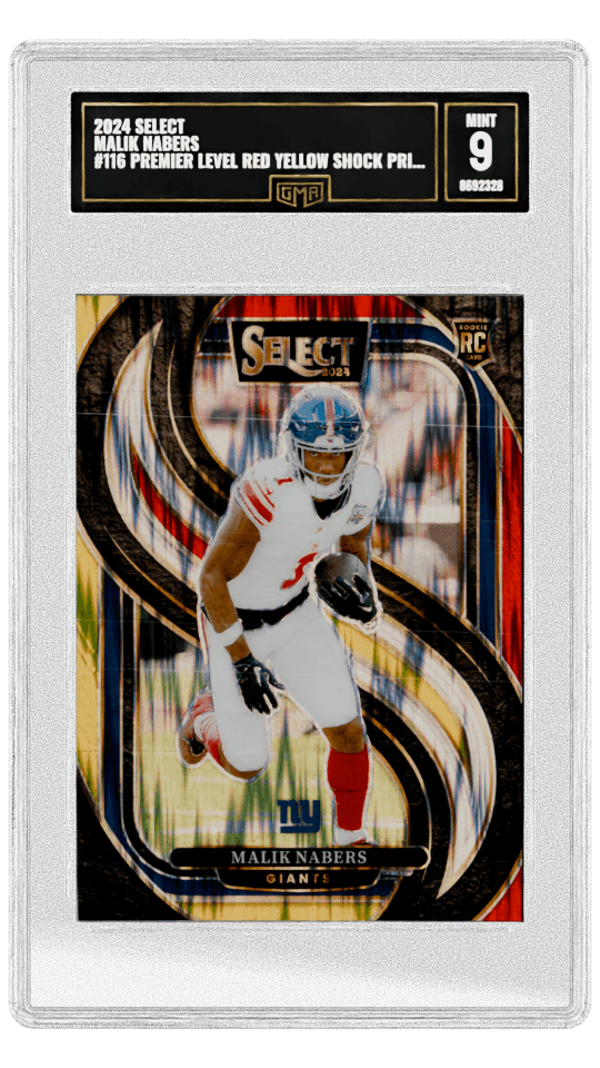 2024 SELECT MALIK NABERS #116 PREMIER LEVEL RED YELLOW SHOCK PRIZM ROOKIE graded-card listing image