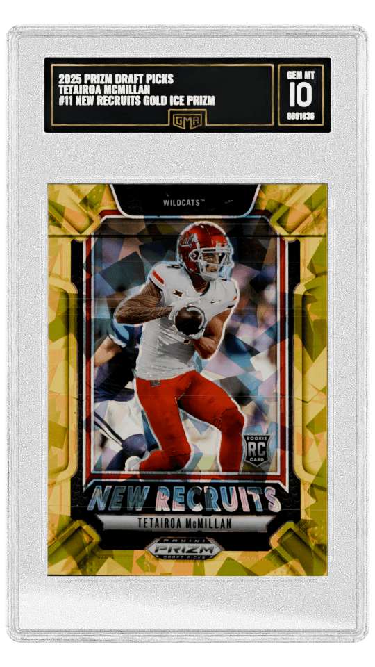 2025 PRIZM DRAFT PICKS TETAIROA MCMILLAN #11 NEW RECRUITS GOLD ICE PRIZM ROOKIE graded-card listing image