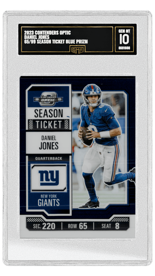2023 CONTENDERS OPTIC DANIEL JONES 65/99 SEASON TICKET BLUE PRIZM Season Ticket Blue Prismatic Finish graded-card listing image