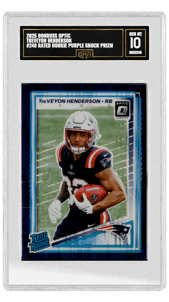 2025 DONRUSS OPTIC TREVEYON HENDERSON #248 RATED ROOKIE PURPLE SHOCK PRIZM graded-card listing image