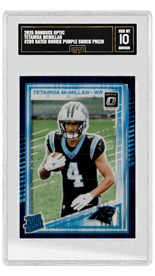 2025 DONRUSS OPTIC TETAIROA MCMILLAN #209 RATED ROOKIE PURPLE SHOCK PRIZM Rookie card with purple shock prism. graded-card listing image