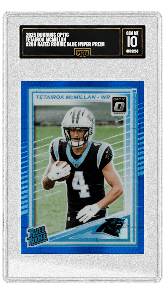 2025 DONRUSS OPTIC TETAIROA MCMILLAN #209 RATED ROOKIE BLUE HYPER PRIZM graded-card listing image