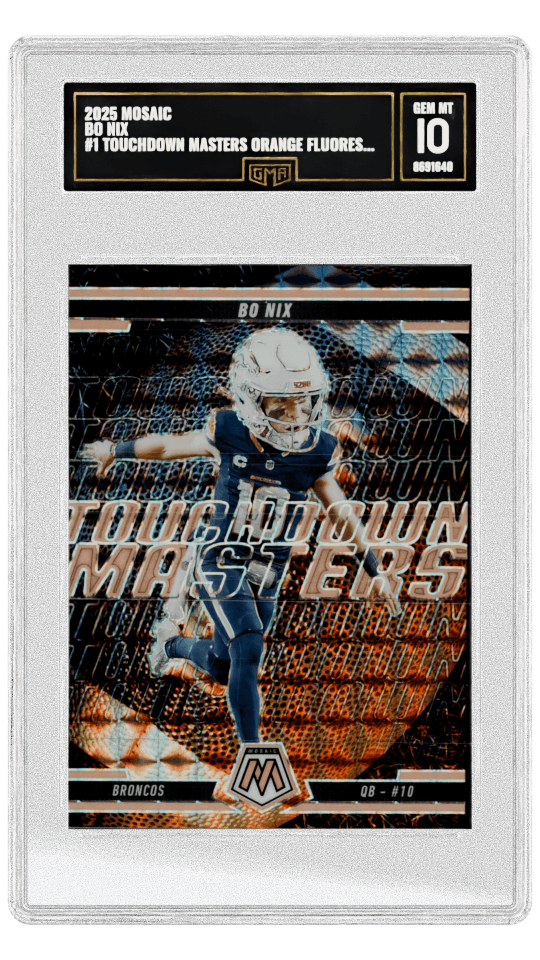 2025 MOSAIC BO NIX #1 TOUCHDOWN MASTERS ORANGE FLUORESCENT MOSAIC PRIZM MOSAIC PRIZM variant graded-card listing image