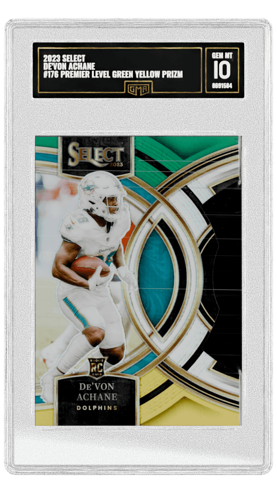 2023 SELECT DE'VON ACHANE #176 PREMIER LEVEL GREEN YELLOW PRIZM DIE-CUT Graded die-cut card with prismatic design graded-card listing image