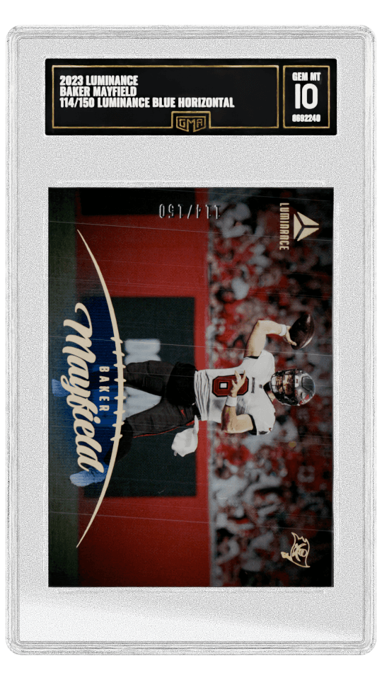 2023 LUMINANCE BAKER MAYFIELD 114/150 LUMINANCE BLUE HORIZONTAL Horizontal card with uniform and branding details. graded-card listing image