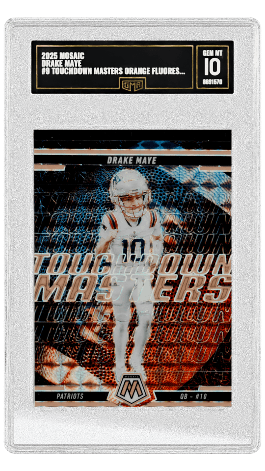 2025 MOSAIC DRAKE MAYE #9 TOUCHDOWN MASTERS ORANGE FLUORESCENT MOSAIC PRIZM MOSAIC PRIZM variant, graded card. graded-card listing image